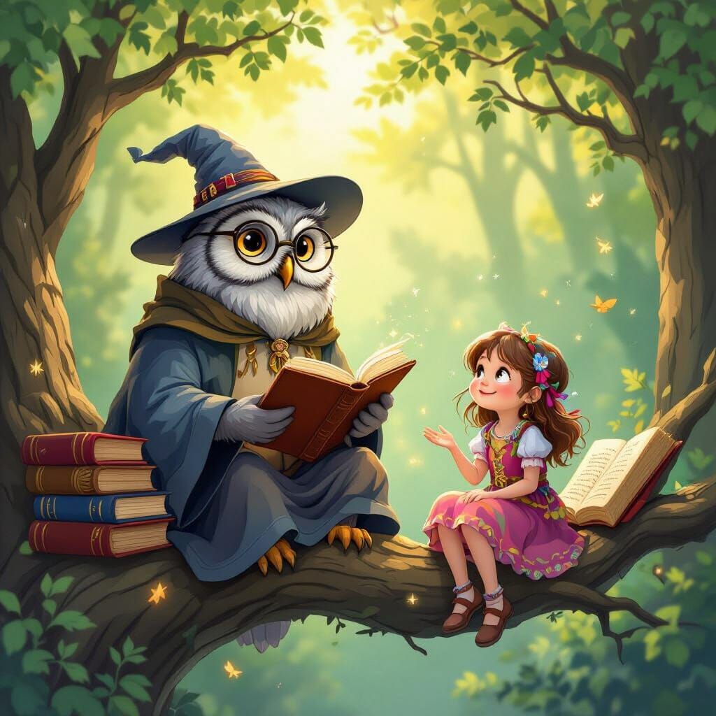 Wise Owl and Girl in Magical Forest Storybook Style