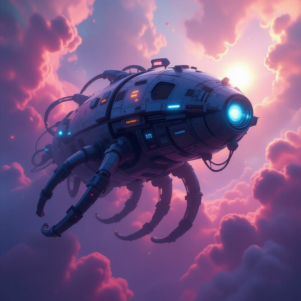 Colossal Biomechanical Leviathan in Swirling Nebula