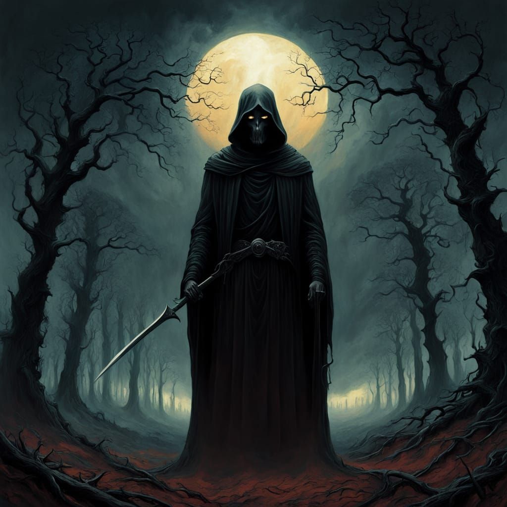 Surreal Grim Reaper in a Dreamlike Landscape Oil Painting