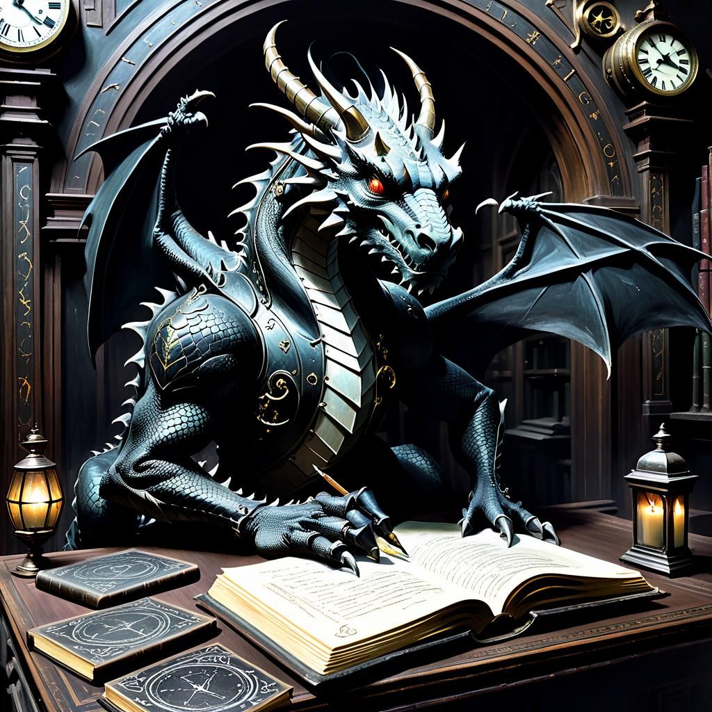 Ethereal Dark Fantasy Dragon in Clockpunk Style