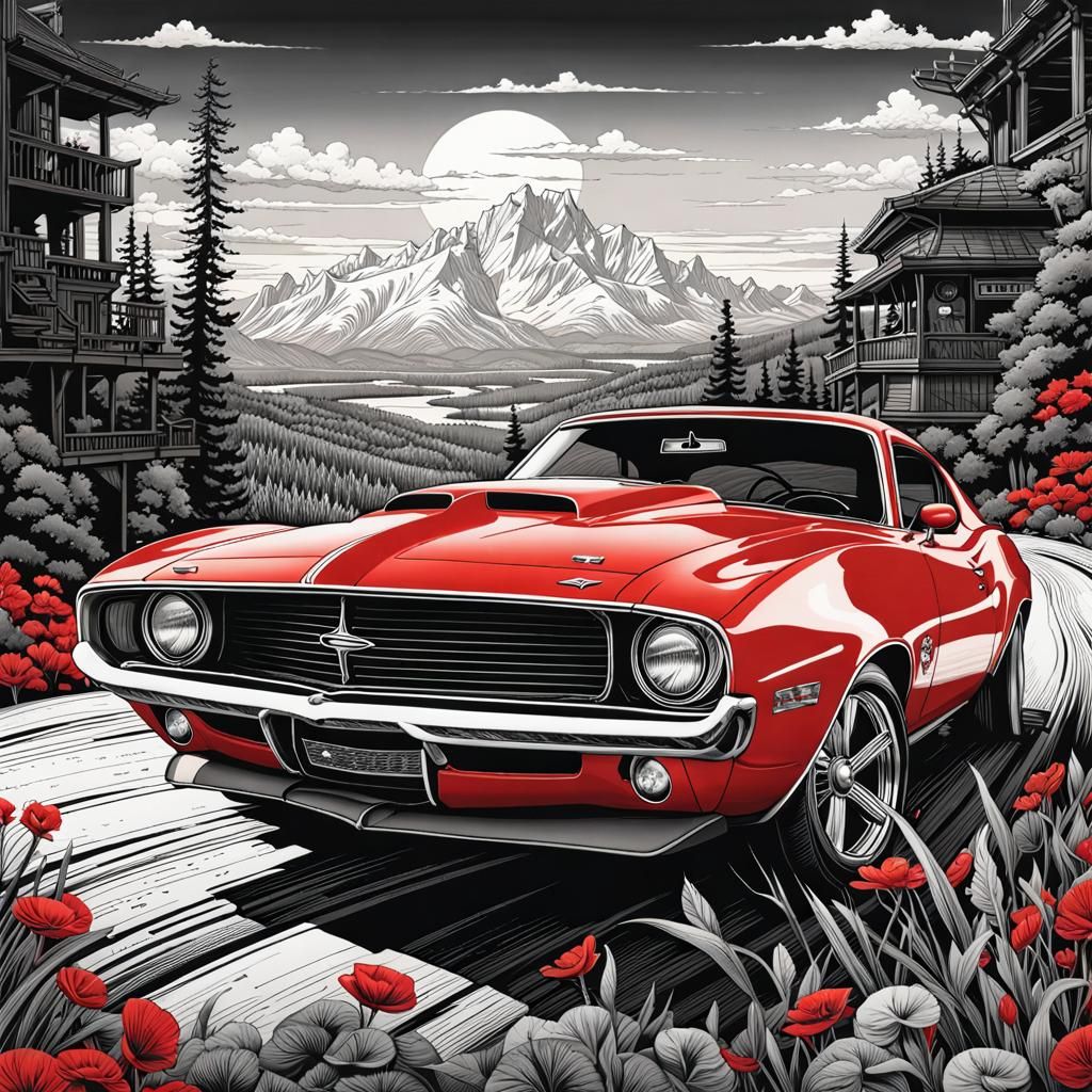 Red Muscle Car in Maximalist Line-Art Landscape