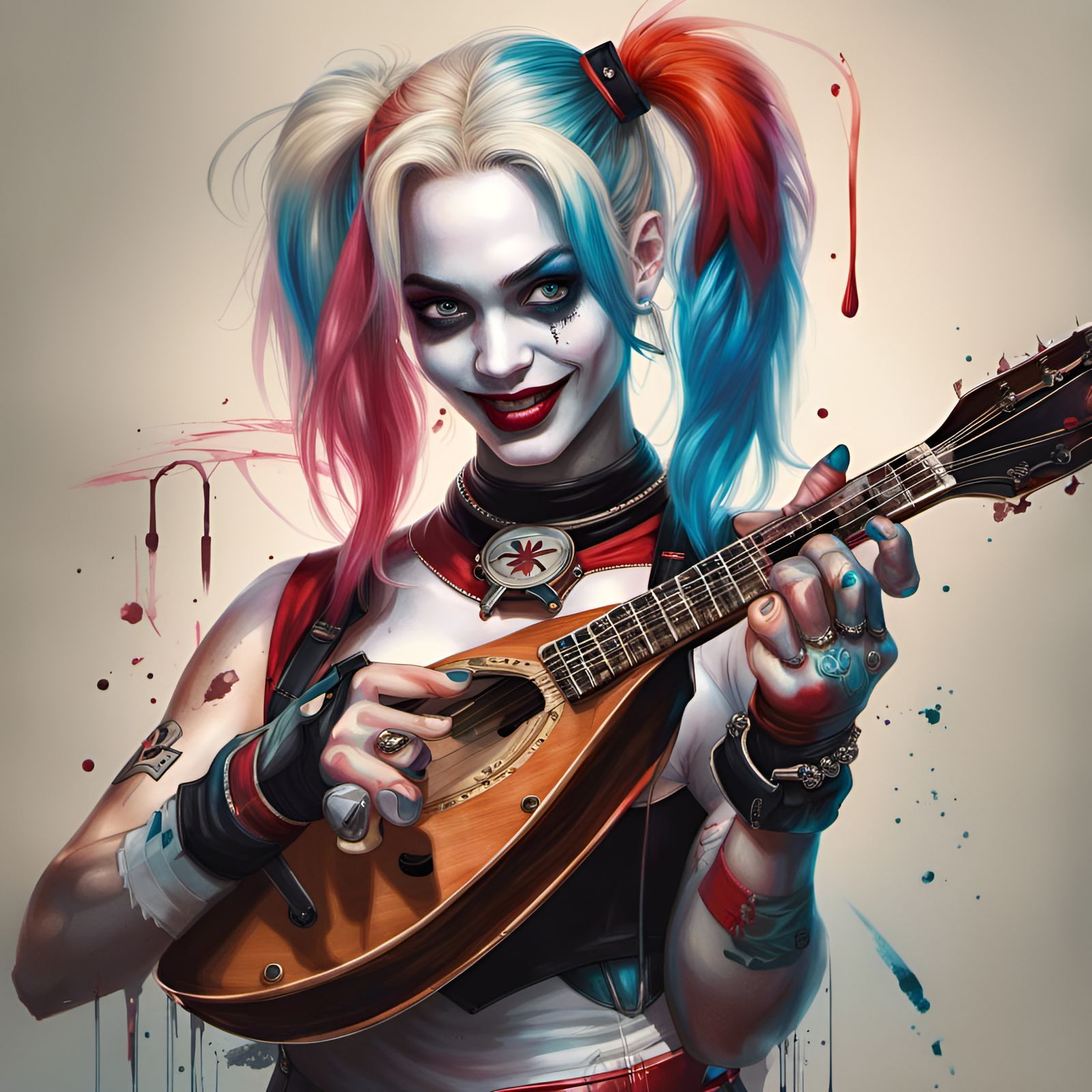 Harley Quinn Plays Mandolin: Hyperrealistic Digital Portrait