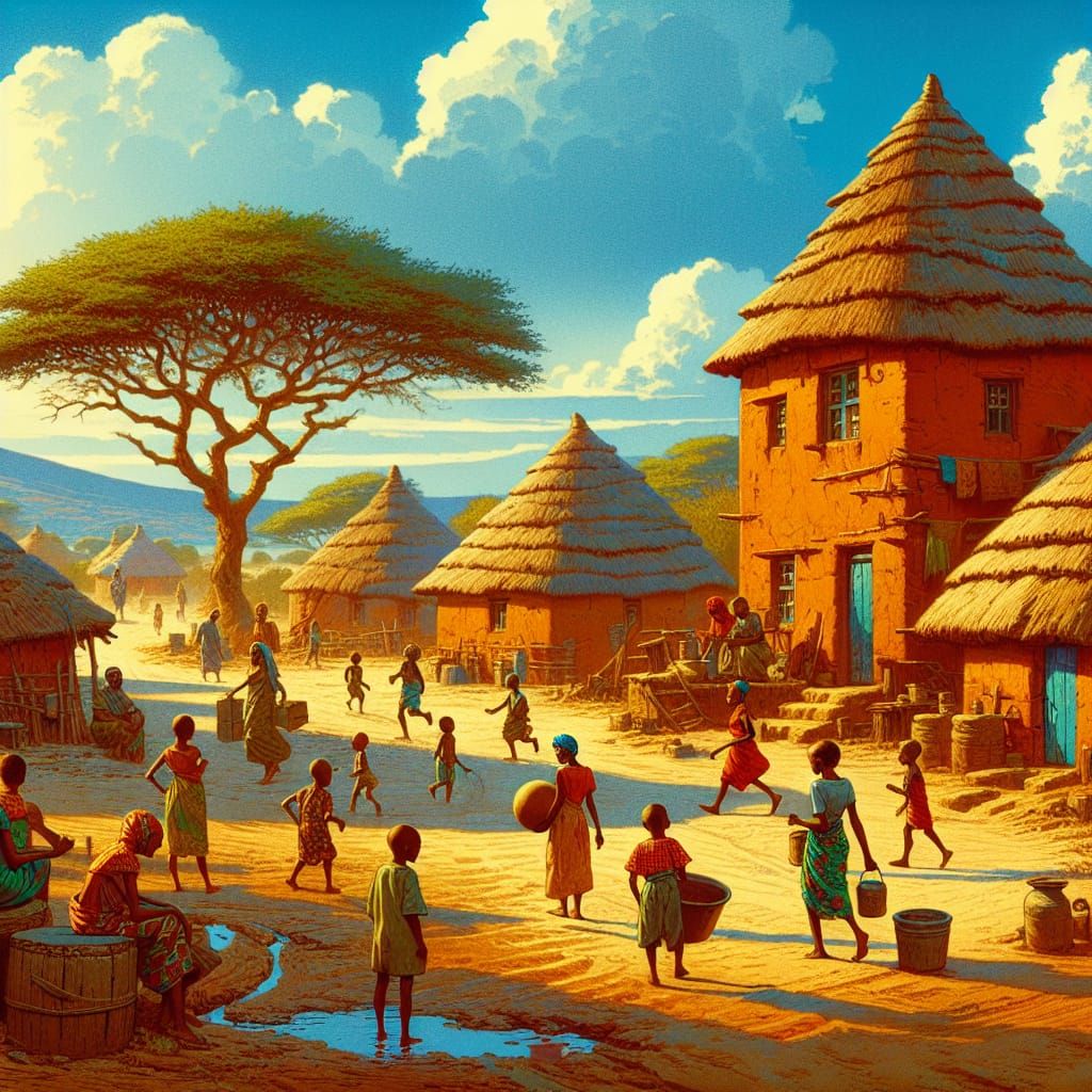Vibrant African Village Life in Early 1900s Digital Art