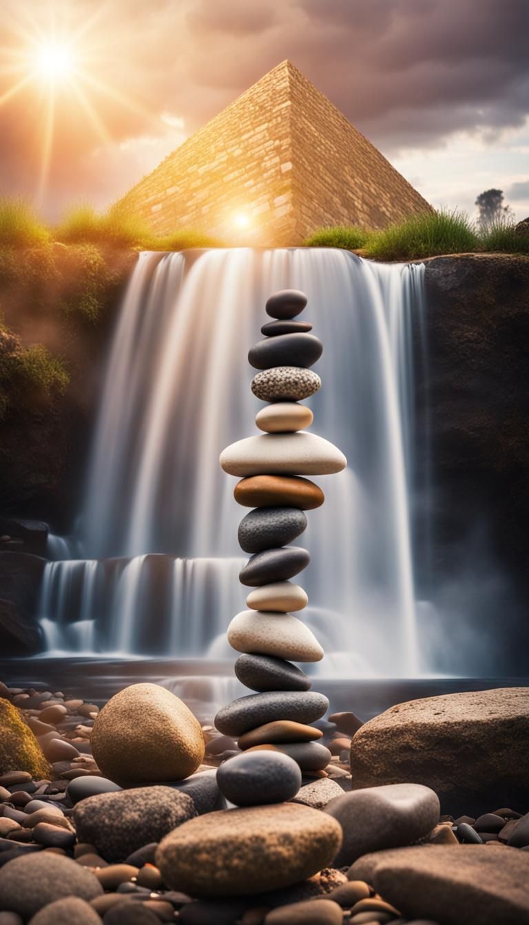 Zen Stone Pyramid at Sunset Waterfall