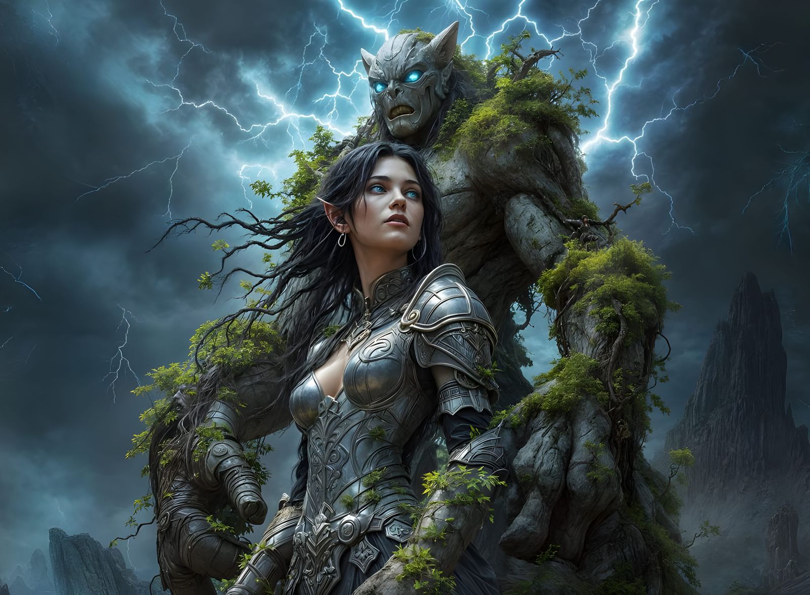 Elven Warrior on Stone Golem, Digital Art