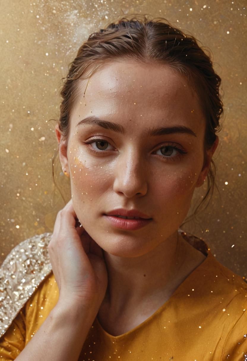 Woman in Gold Dress with Starry Background