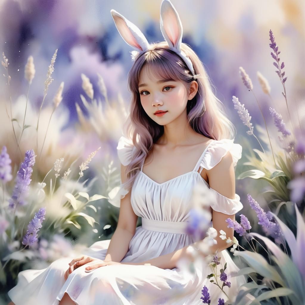 Girl with Bunny Ears in Pastel Watercolor