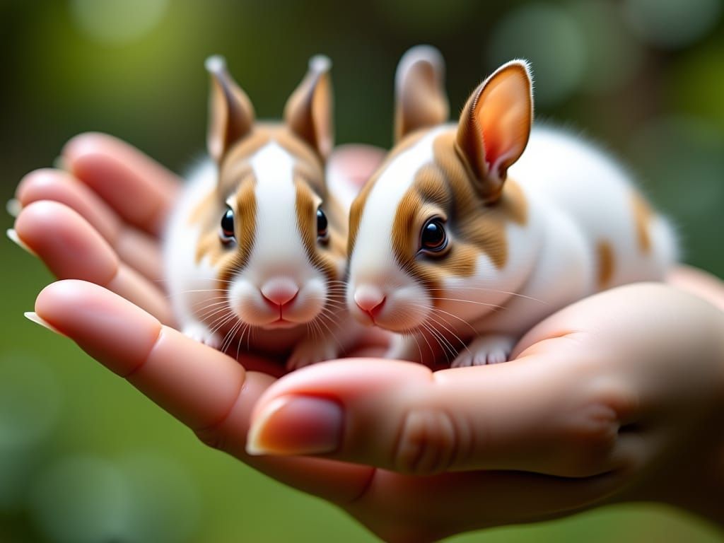 Two Tiny Baby Rabbits Held in a Gentle Hand