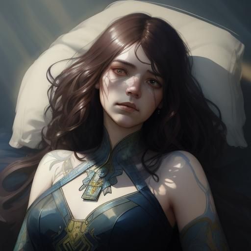 Sad Woman Portrait in Art Nouveau Watercolor