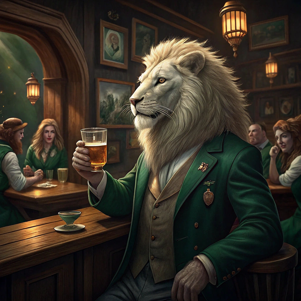 Humanoid Lion Cheers Whiskey in Irish Pub