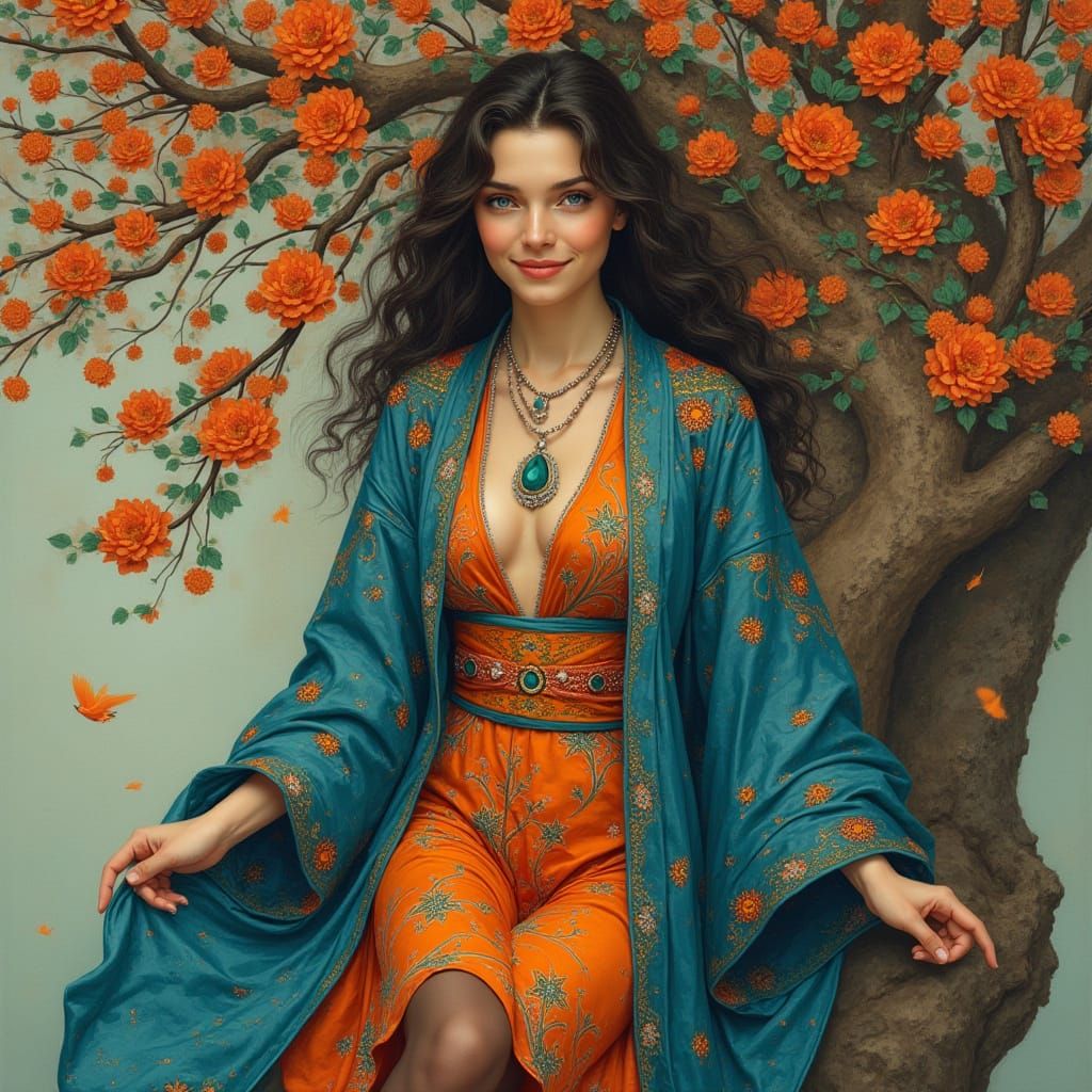 Elegant Woman by Tree in Art Nouveau Style