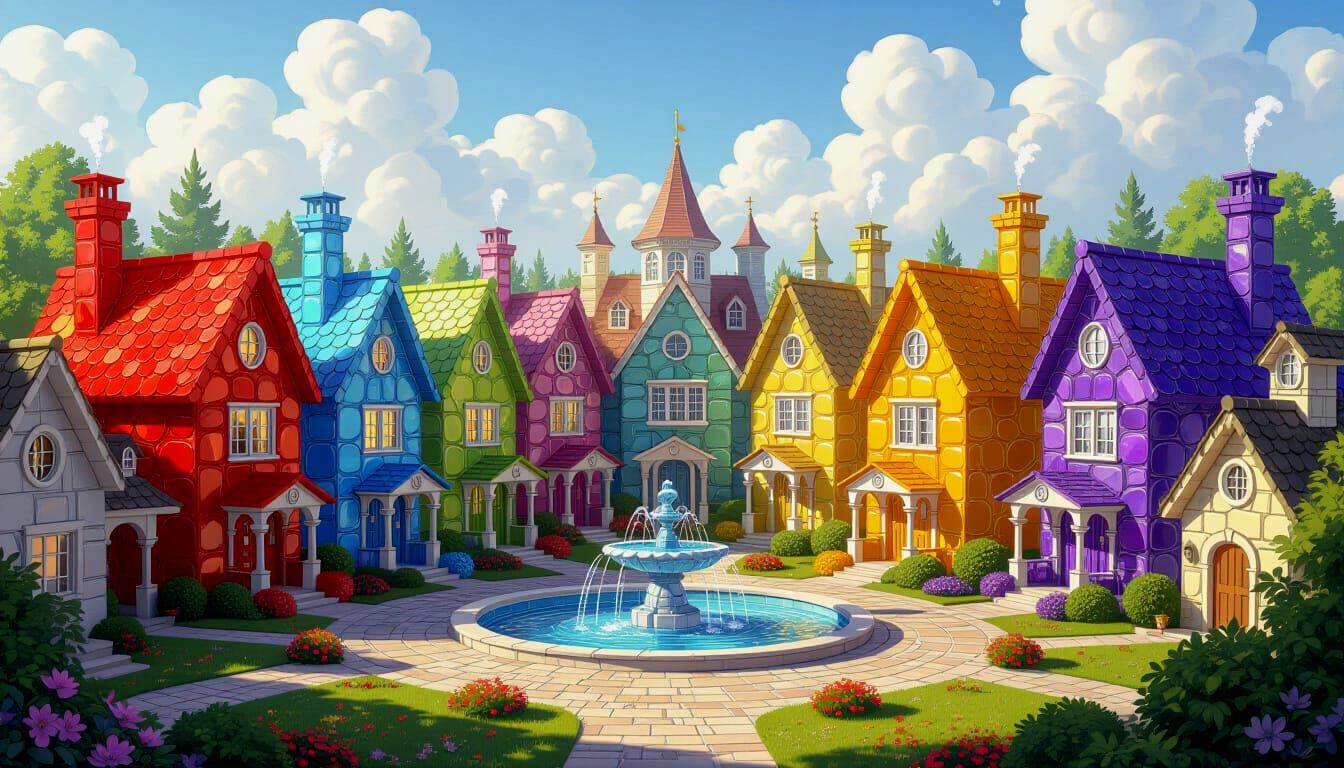 Gemstone Village: A Rainbow City in Storybook Fantasy Style