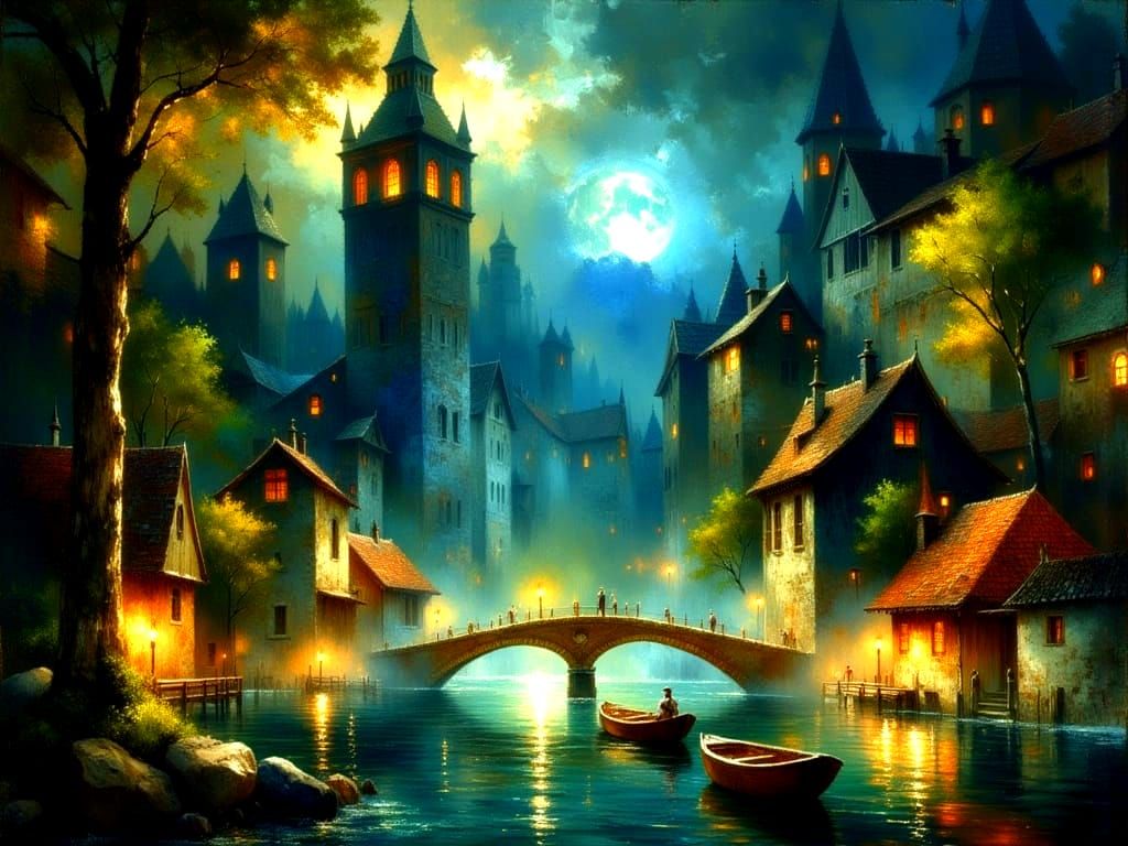 Venice Cityscape at Night in Impasto Style