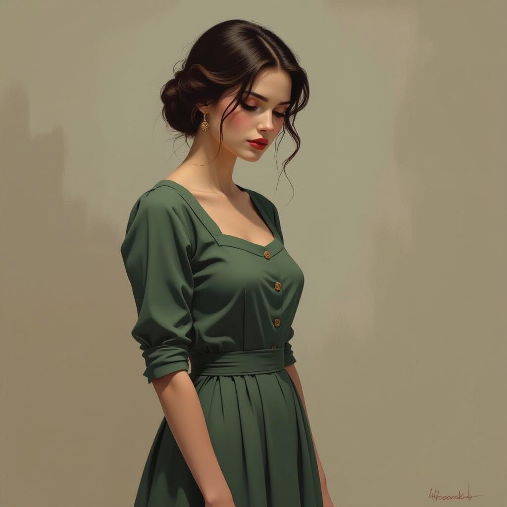 Melancholic Woman in Vintage Dress with Moody Lighting