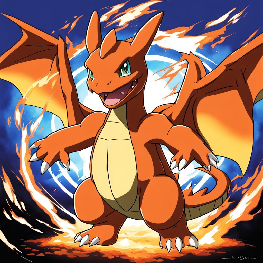 Charizard Emerges from Pokémon Card in Anime Style