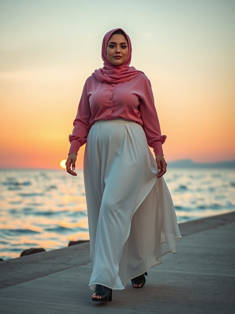 Surreal Sunset Portrait of a Woman Walking by the Sea