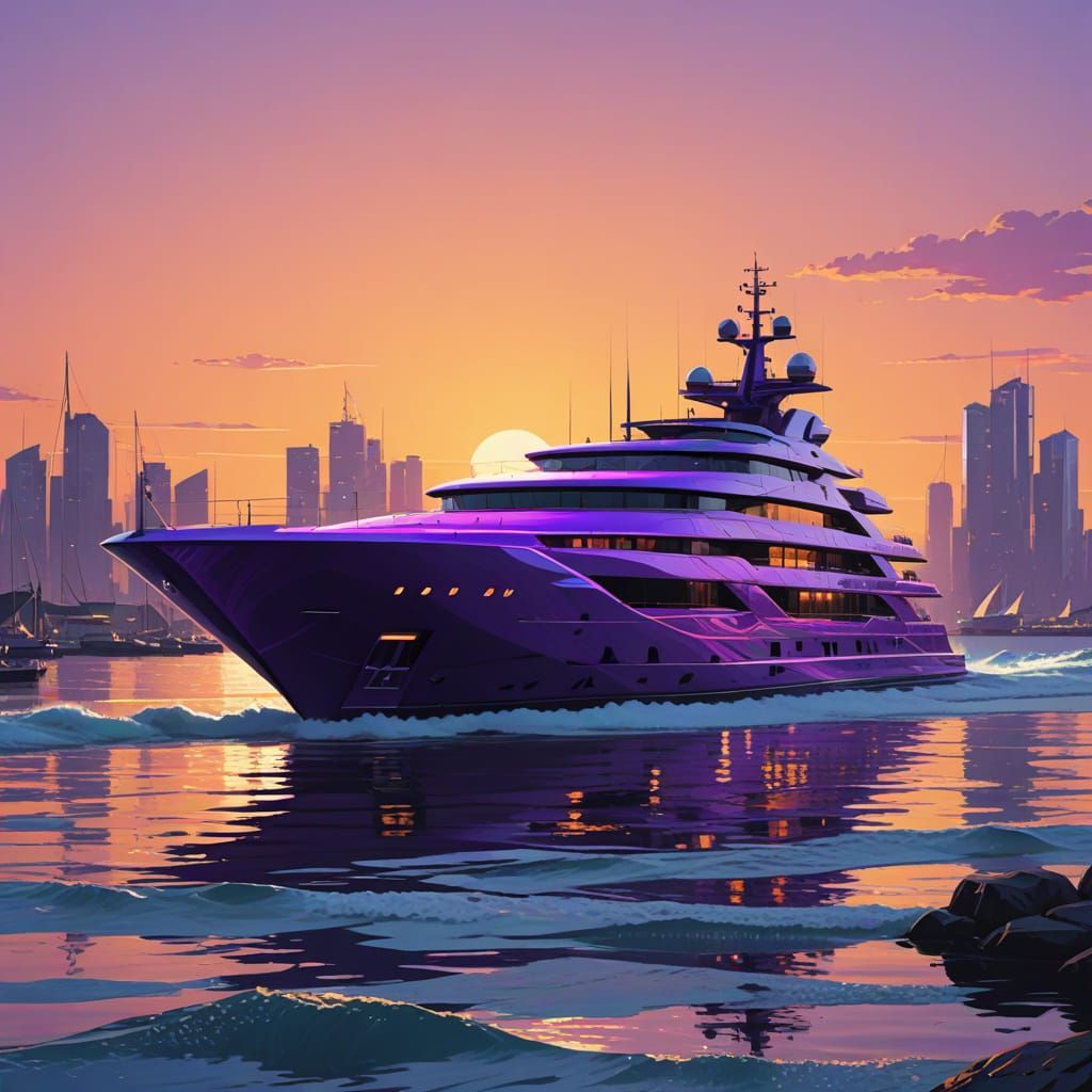 Futuristic Violet Superyacht at Rose Wharf, Digital Art