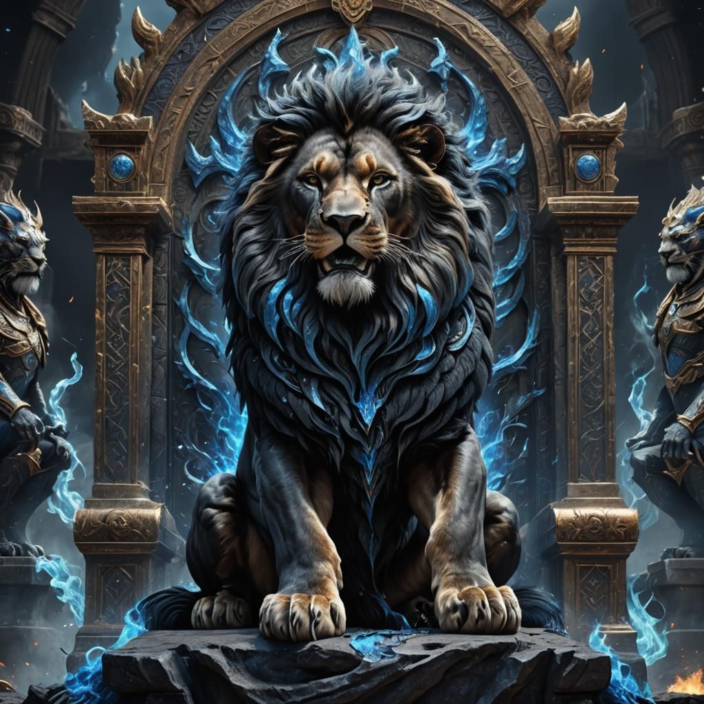 Fiery Black Lion King on Throne, Fantasy Art