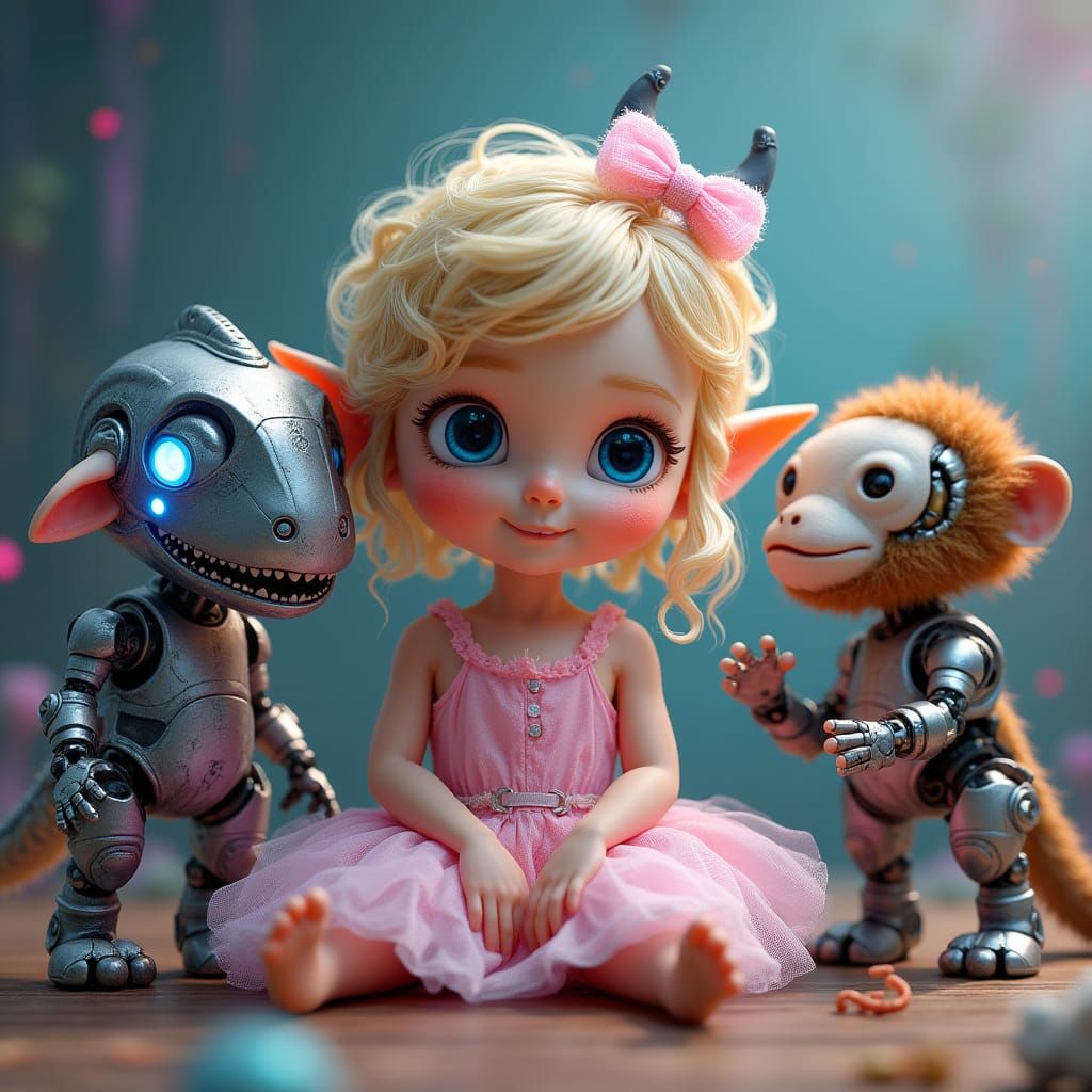 Hyperrealistic Whimsical Scene of Blonde Elf Girl with Robot...