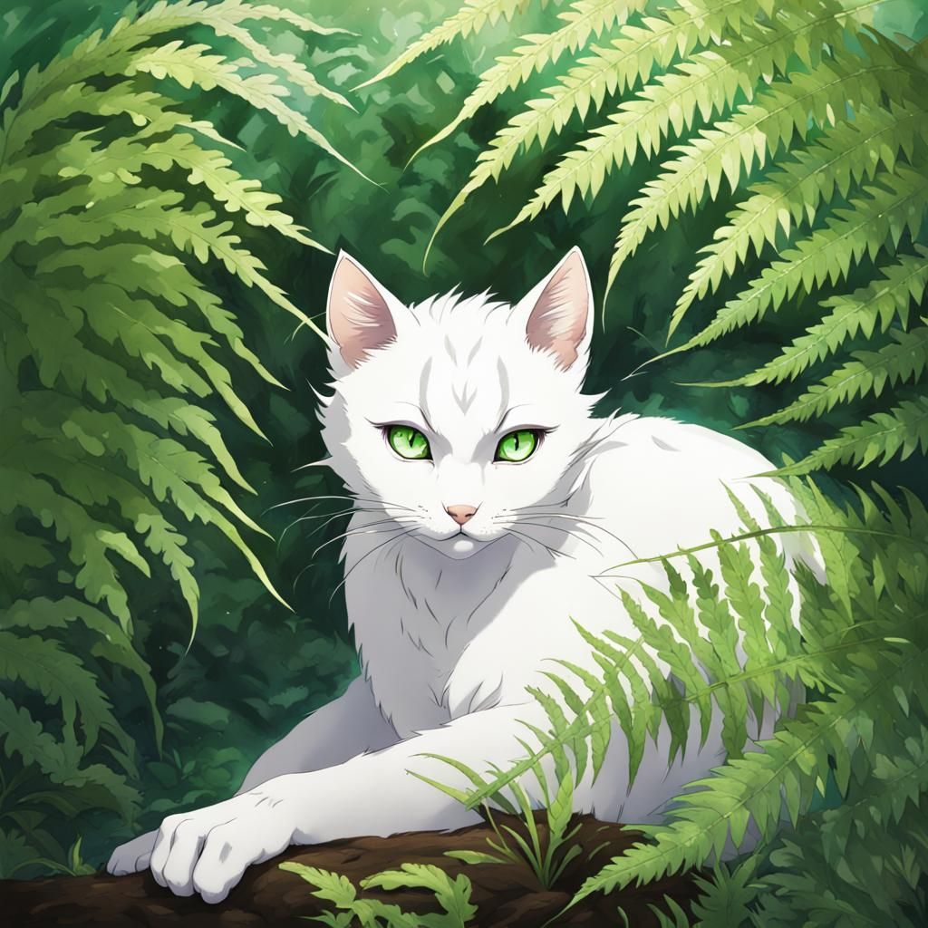 Elegant White Wildcat in Anime Style with Ferns
