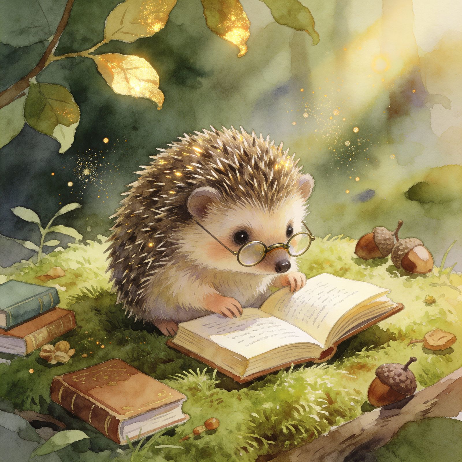 Baby Hedgehog Studies Woodland Lore in Watercolor Style
