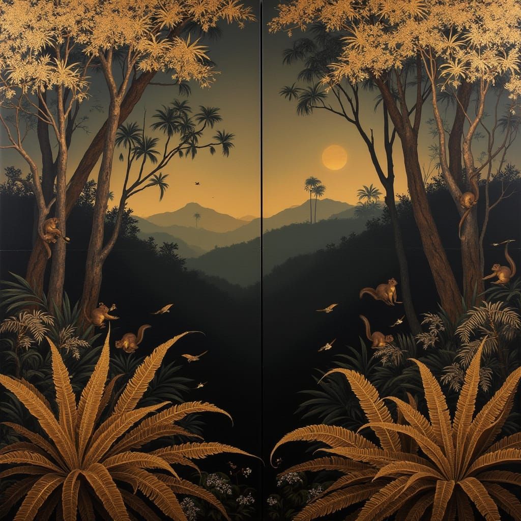 Mysterious Indochine Diptych in Dark Lacquer Style