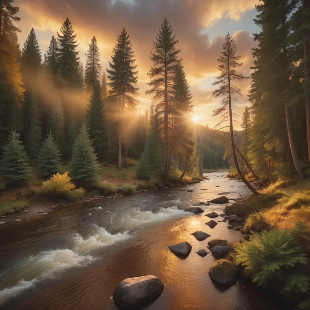 Golden Sunset River Landscape: Photography in Bierstadt Styl...