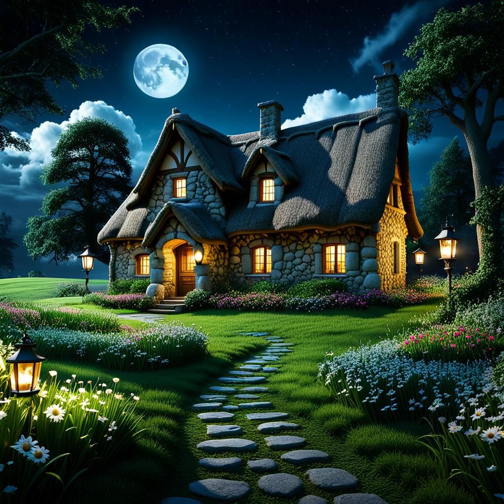 Enchanted Stone Cottage in Field, Moonlit Night