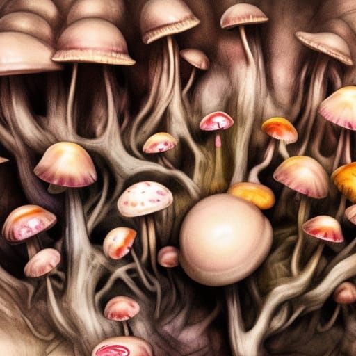 detailed Mushrooms blooming from a decomposing body Hyperrealistic, splash art, concept art, mid shot, intricately detai...