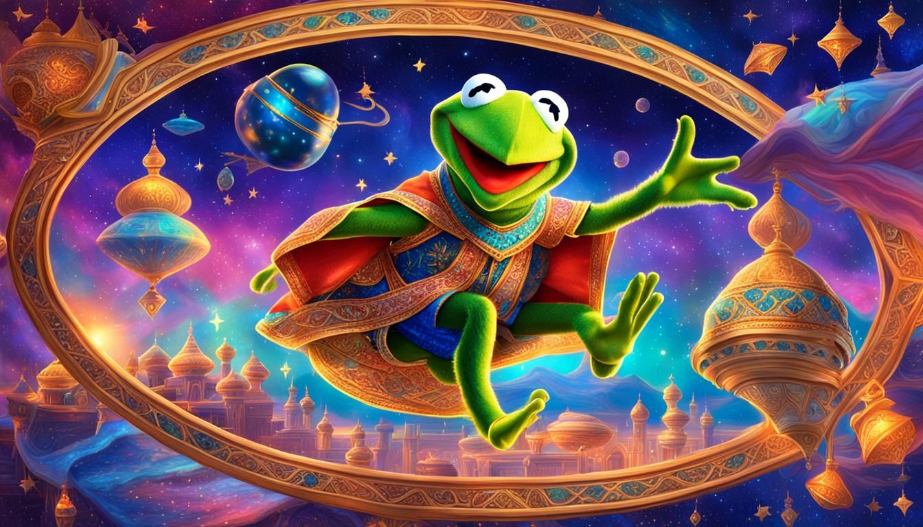 Kermit in Aladdin: Imagine Kermit as Aladdin, flying on a flying carpet with Miss Piggy as Princess Jasmine, soaring ove...