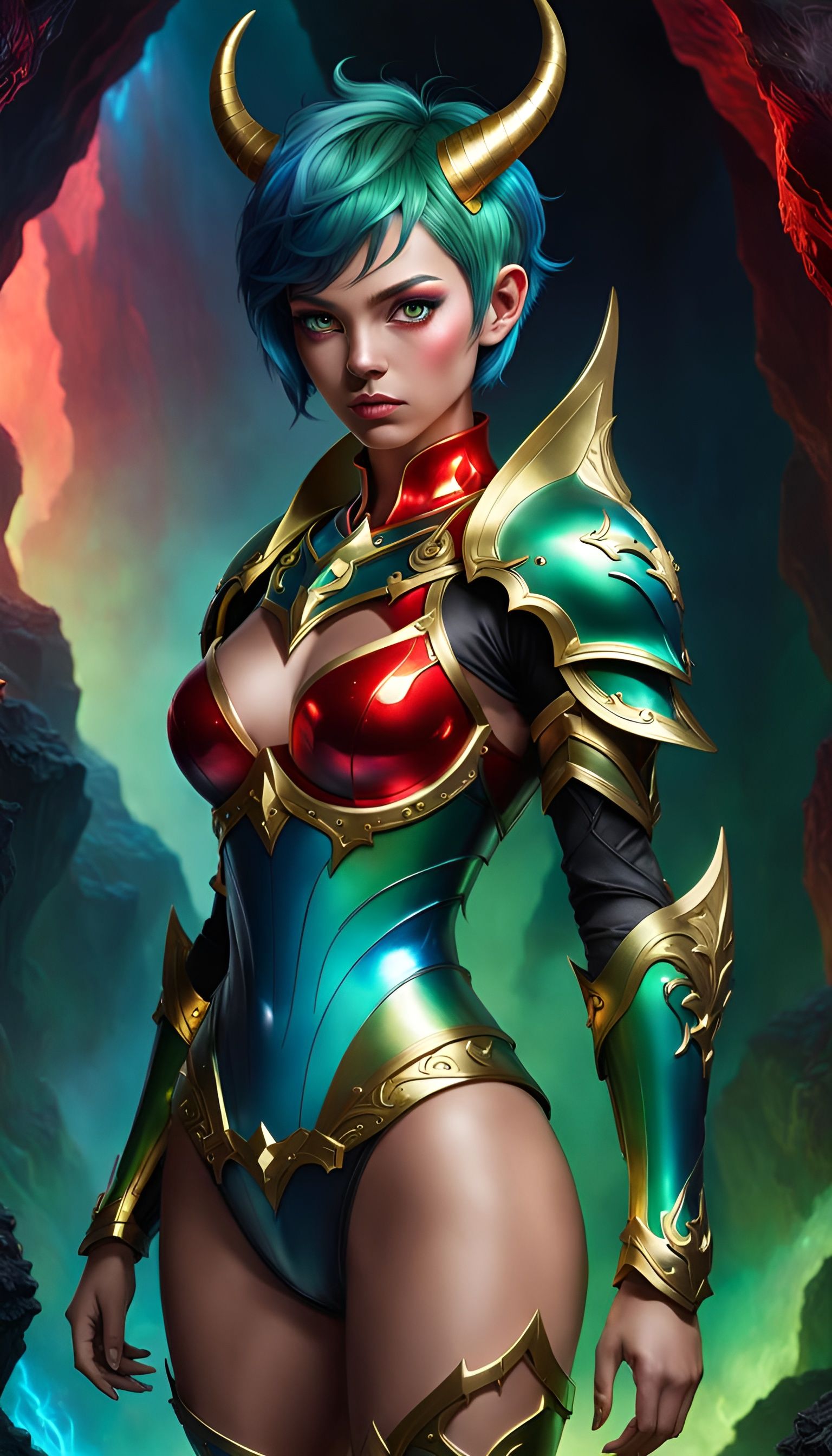 Sad Female Demon in Cave with Red Armor