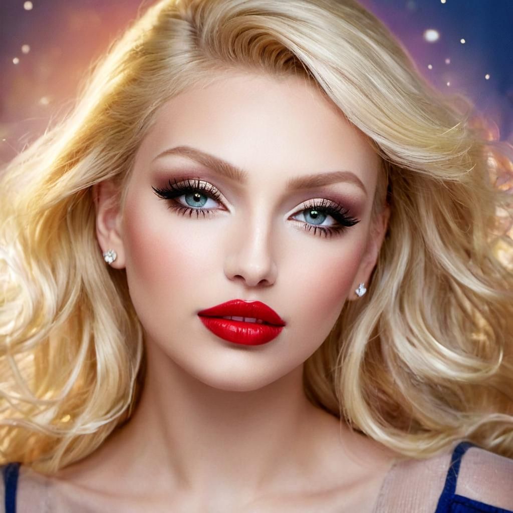 Glamour Portrait of Blonde Bombshell with Red Lips