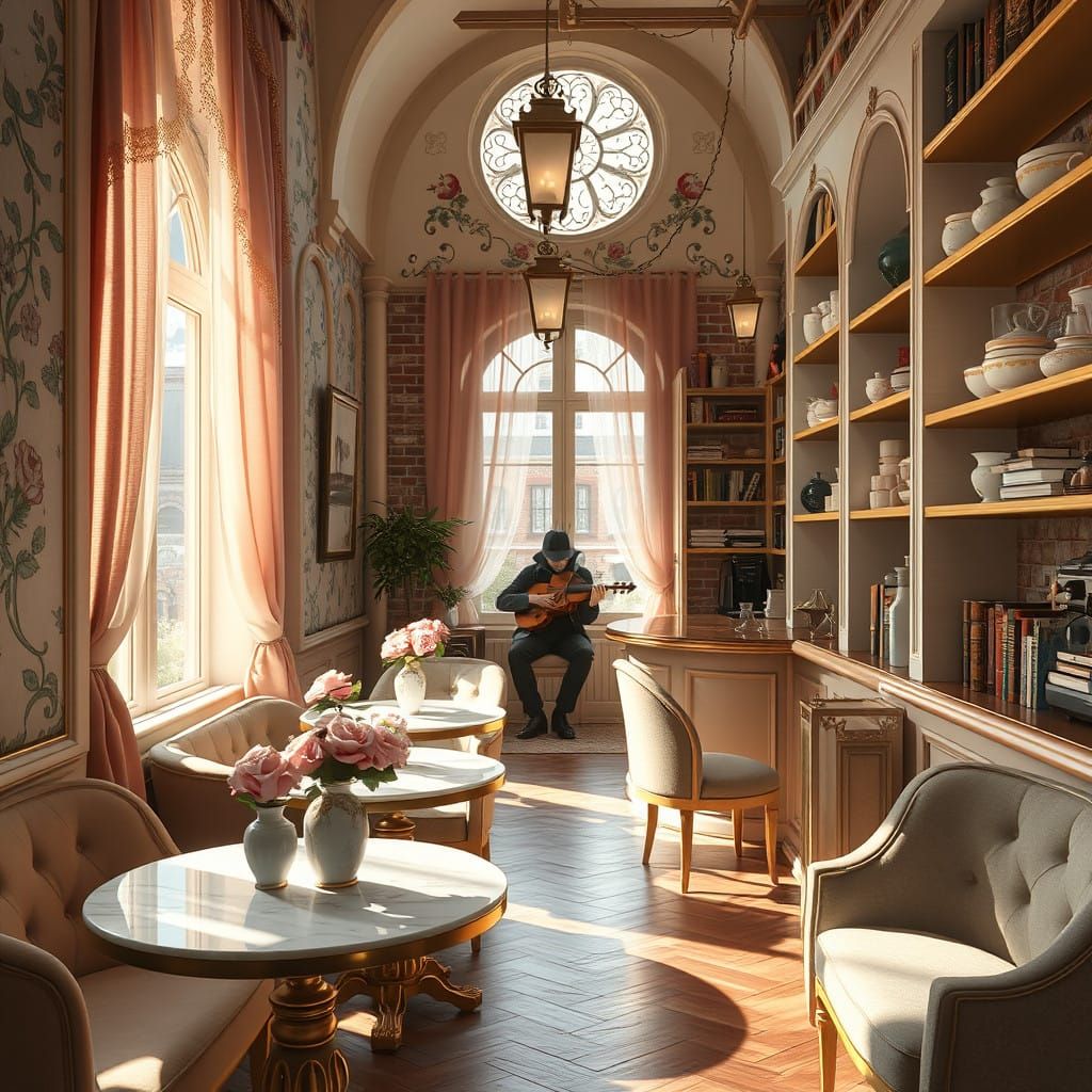 Whimsical Café in Soft Pastel Hues with Golden Accents