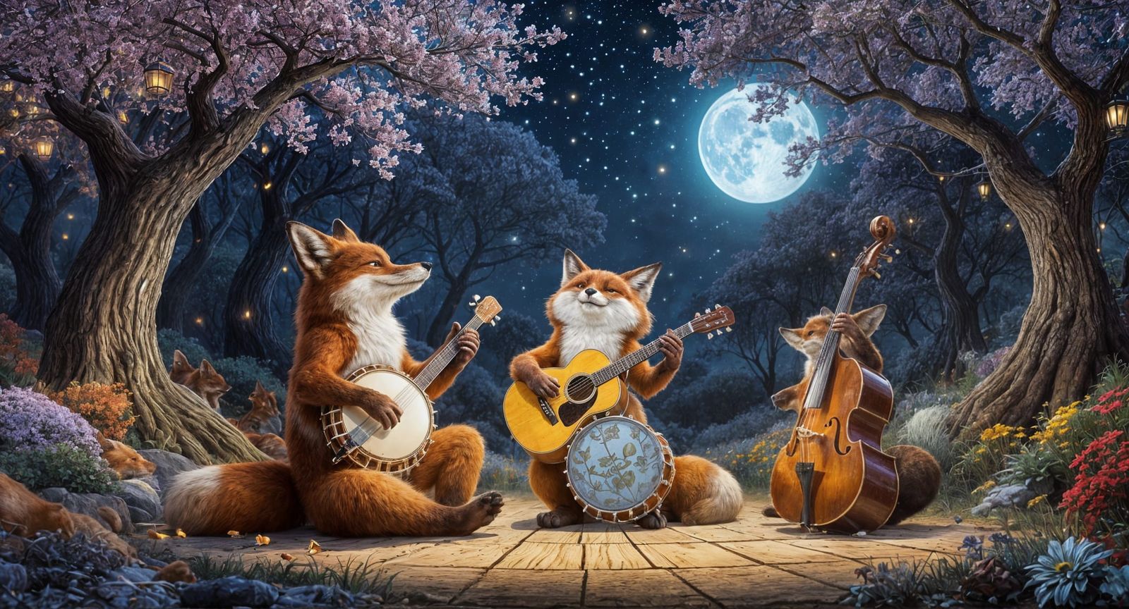 A family of foxes playing bluegrass music on a moonlit stage in a whimsical forest.