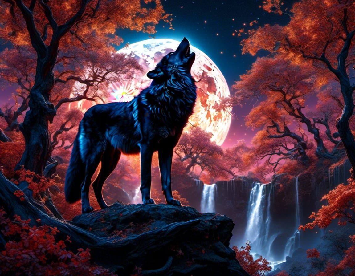 Magical Black Wolf Howling in Fairycore Realm