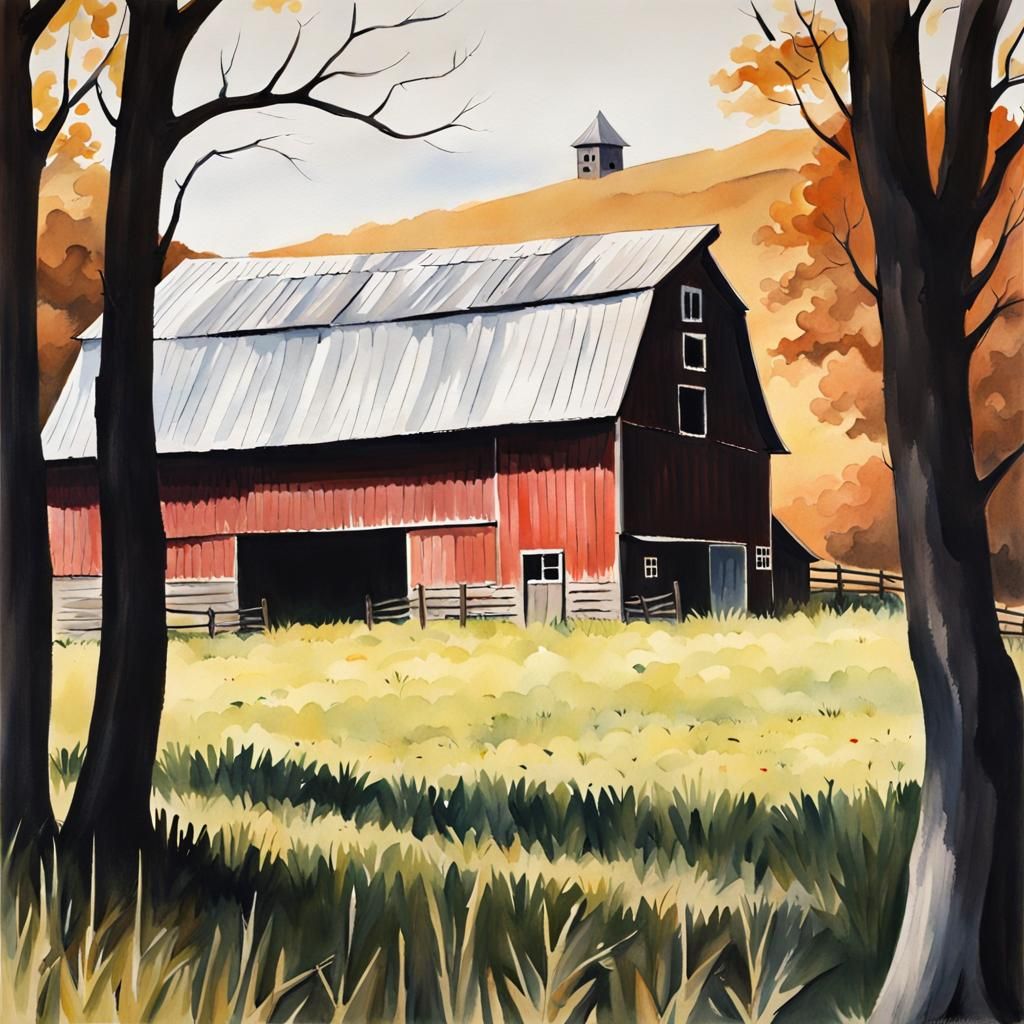 Detailed Gouache Painting of a Rustic Barn