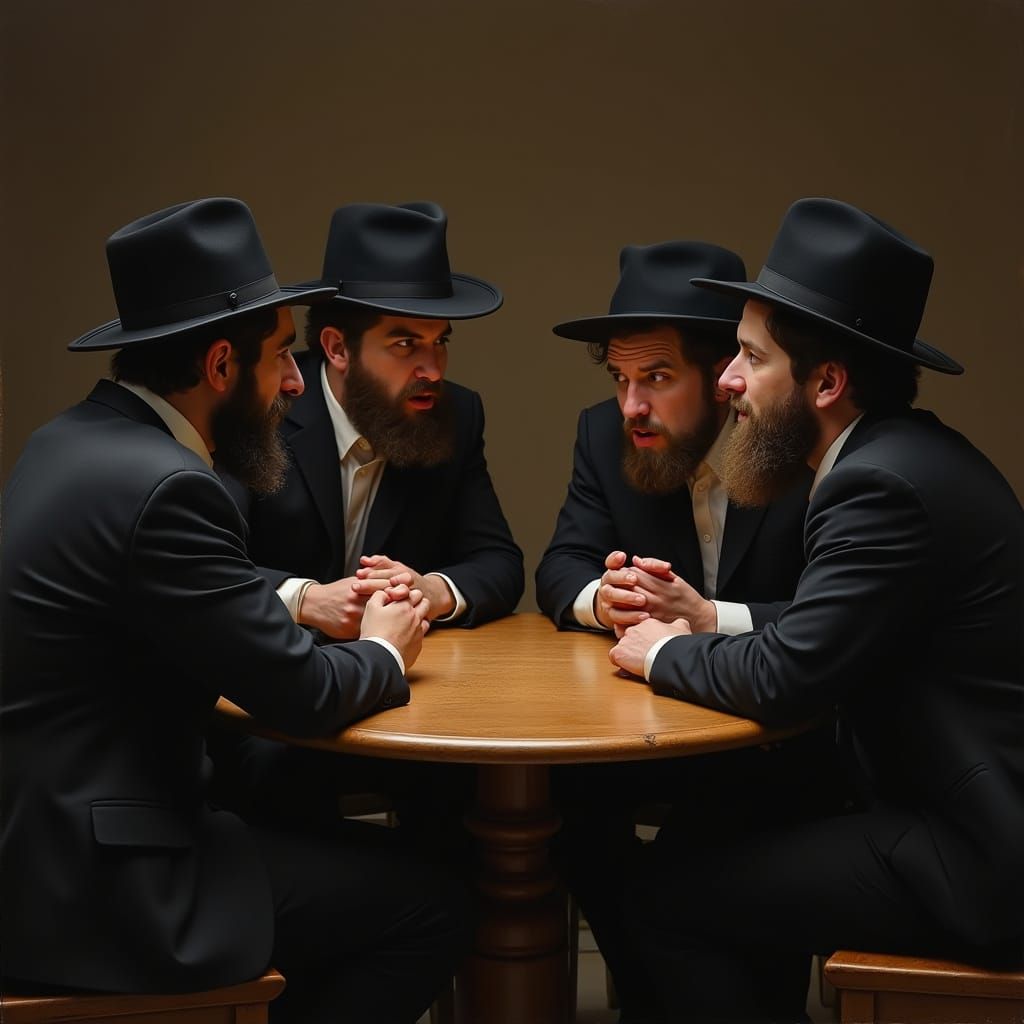 Hasidic Men in Deep Discussion: Realistic Painting Style