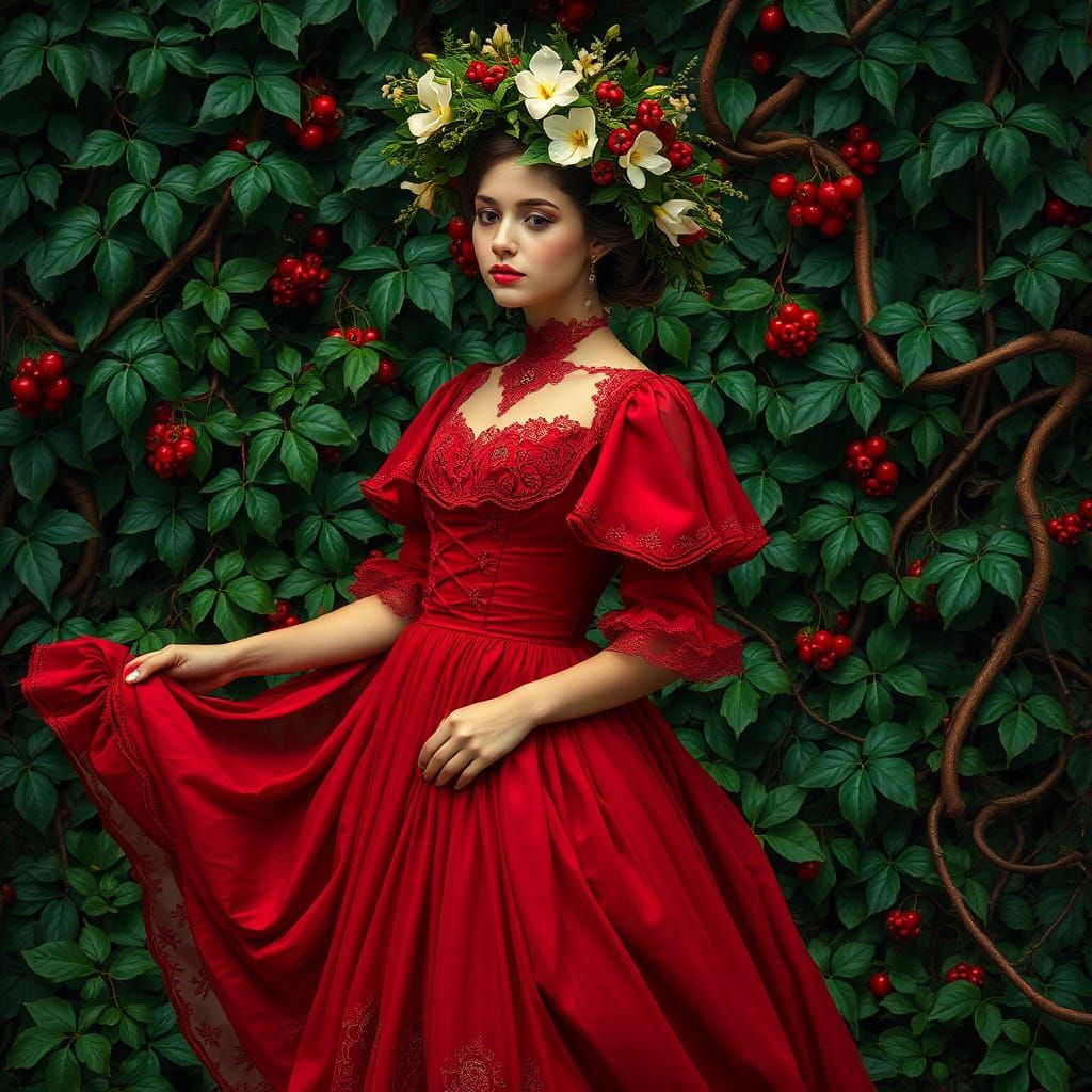 Woman in Red Dress with Floral Headpiece