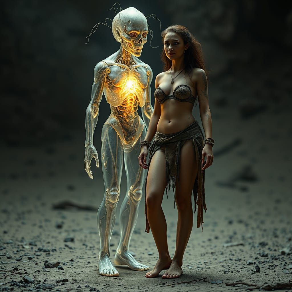 Tense Scene: Woman and Silicon Humanoid in Biomechanical Sty...