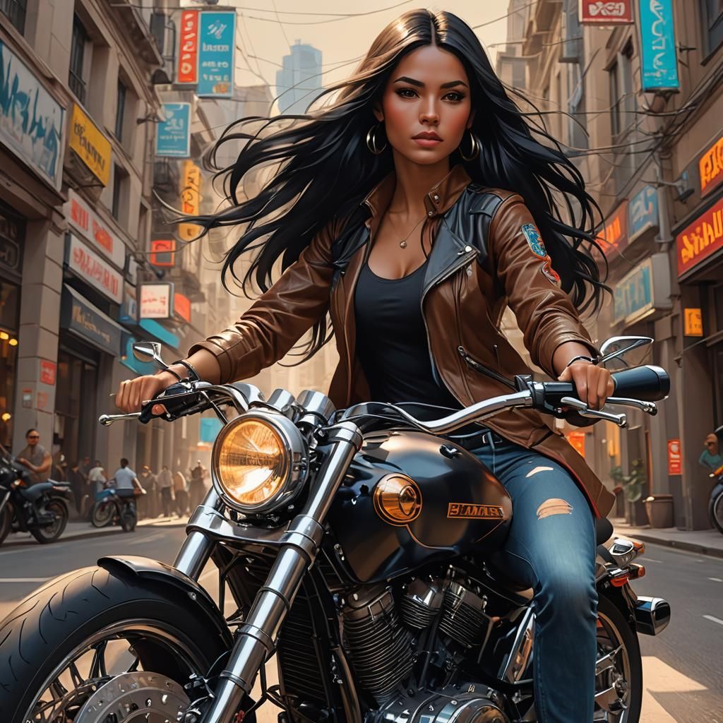 Latina Woman on Motorbike: Hyperdetailed Portrait