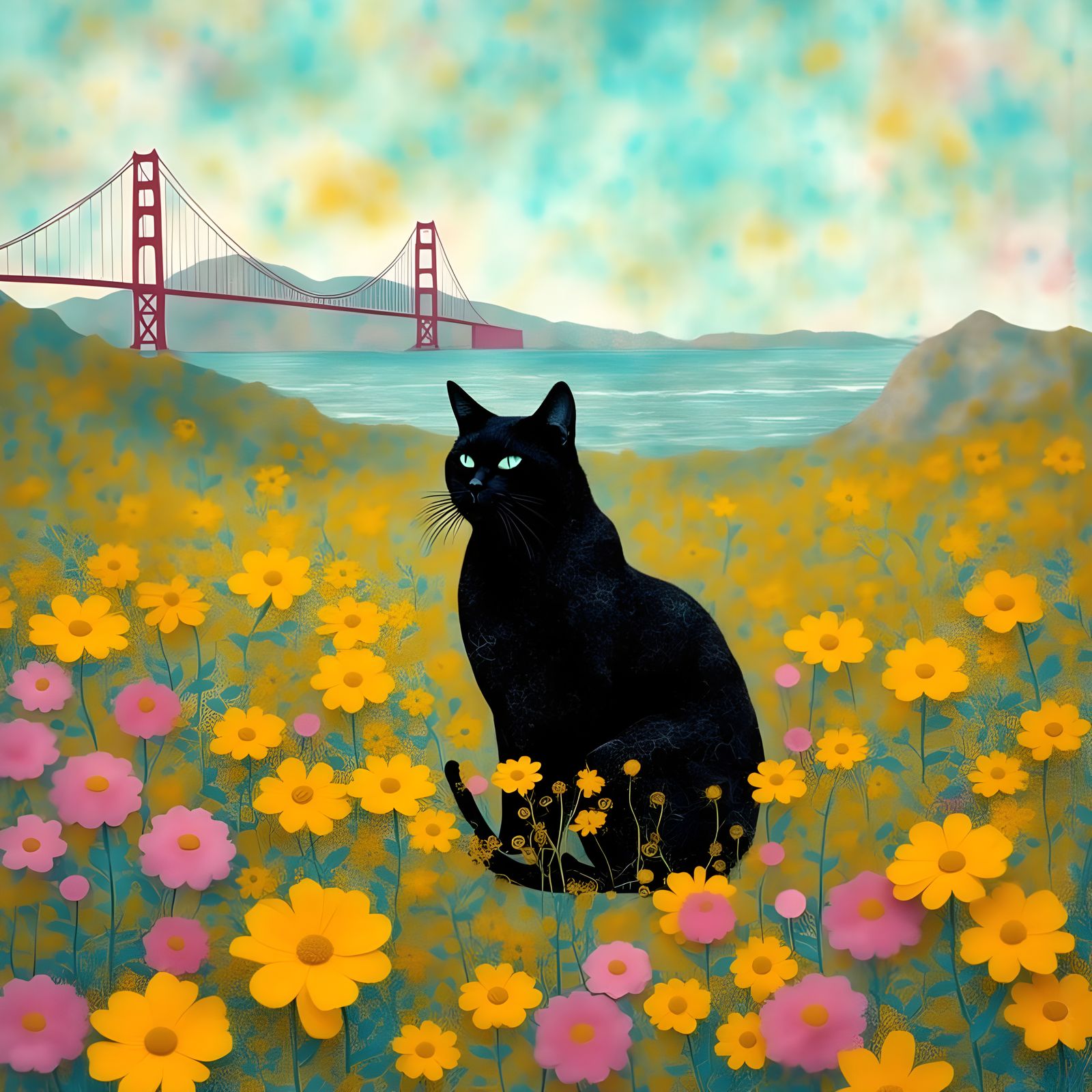 Black Cat in Wildflower Meadow Near Golden Gate