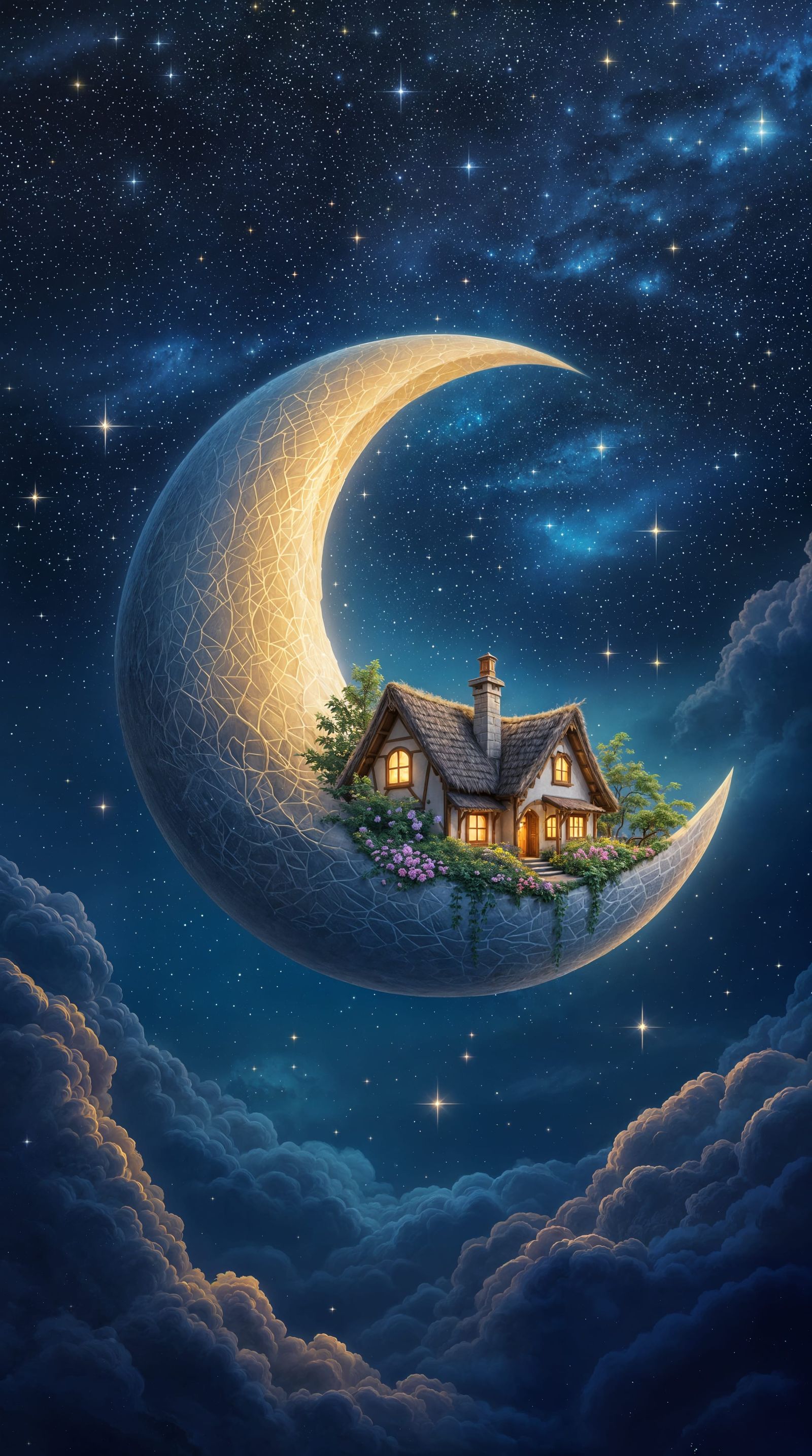 Moonlit Cottage in a Starry Night Sky