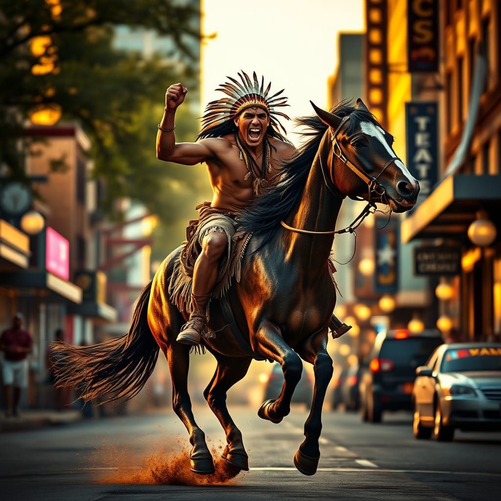 Cyberpunk-Style Native Warrior Rides Unsaddled Pony Down Six...