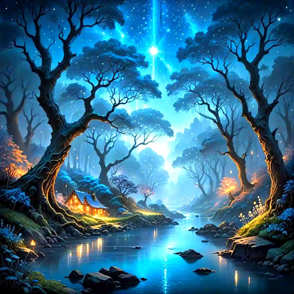 Mystical Blue Forest Under Starry Night Sky