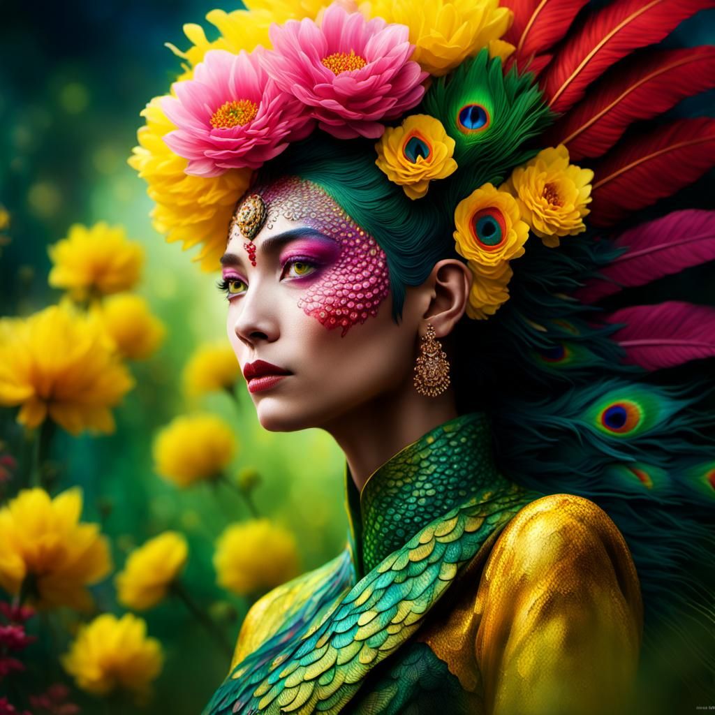 Dragon Peacock Woman Portrait with Vibrant Flora