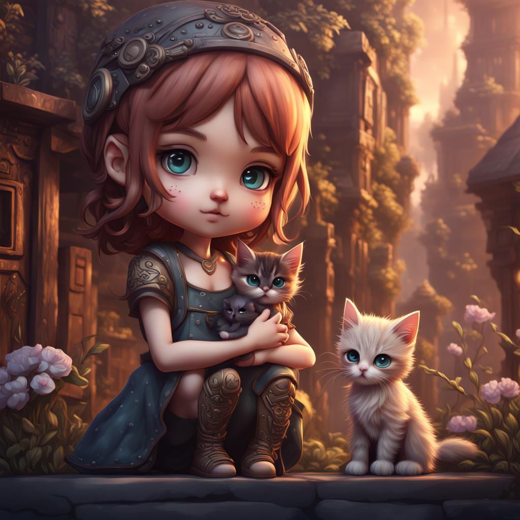 Chibi Girl with Kitten: Detailed Fantasy Art