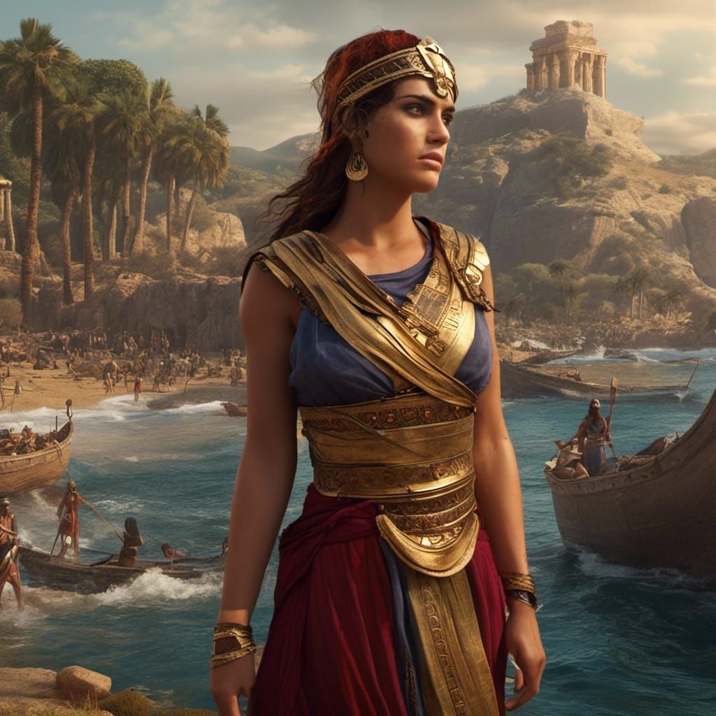 <lora:Phoenicia:1.0> picture of a beautiful Phoenician woman at the seashore