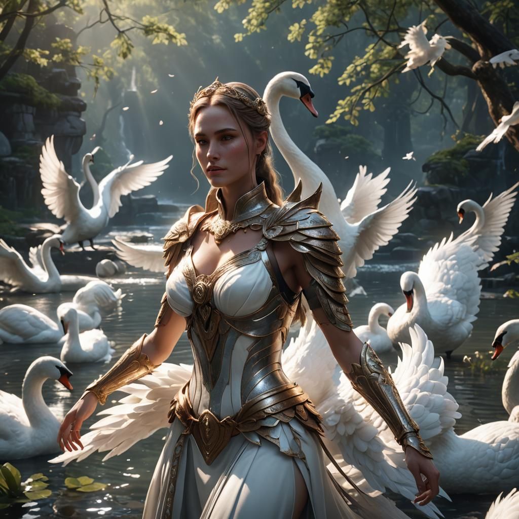 Epic Swan Woman in 3D Game Cinematic Style