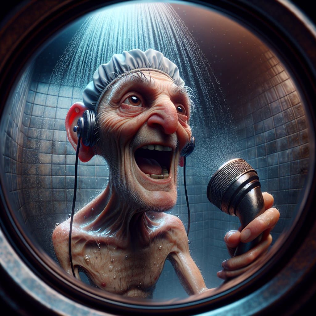 Grotesque Caricature of Elderly Man in Shower