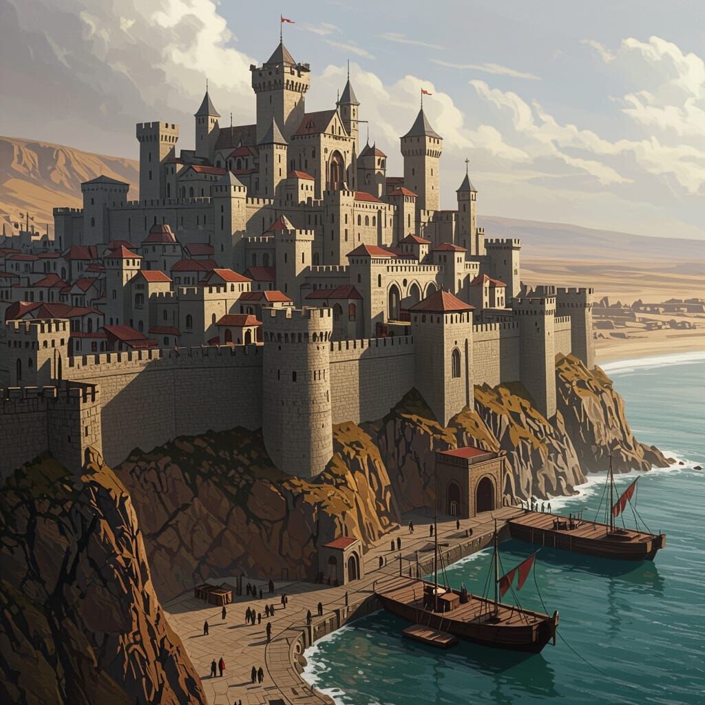 Fantasy City on Cliff: Welsh, French Medieval Military Style